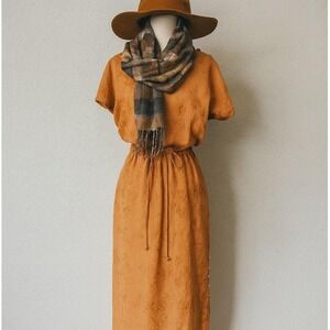 Vintage 70s Jacquard Midi Boho Terracotta Floral Dolman Sleeve Button Shoulder M